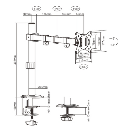GEMBIRD BIURKOWE REGULOWANE RAMIĘ/UCHWYT NA MONITOR 17-32, VESA 100X100MM, DO 9KG